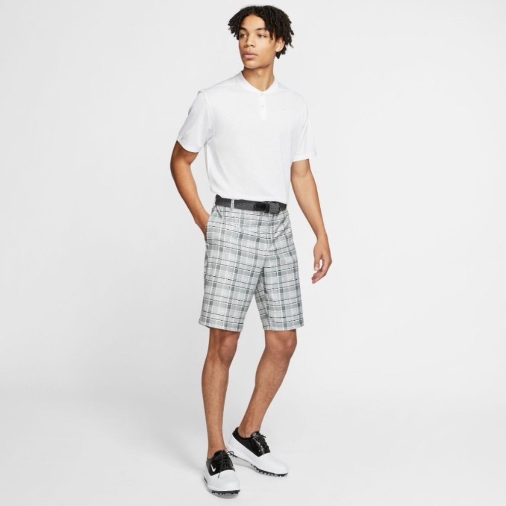 Nike White Polo with Gray Plaid Flat-Front Shorts